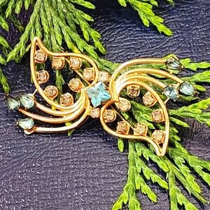 Vintage 50s Shooting Star Brooch Aquamarine & Clear Rhinestones Gold/Brass Tone